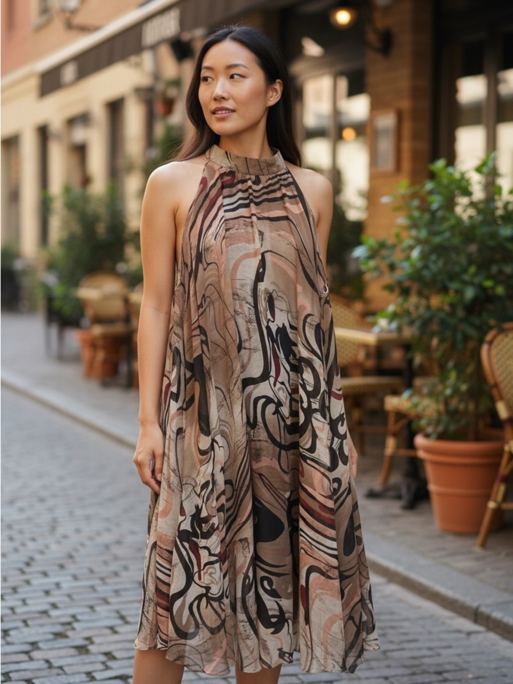 Ashley Stewart Taupe Abstract Halter Midi Dress